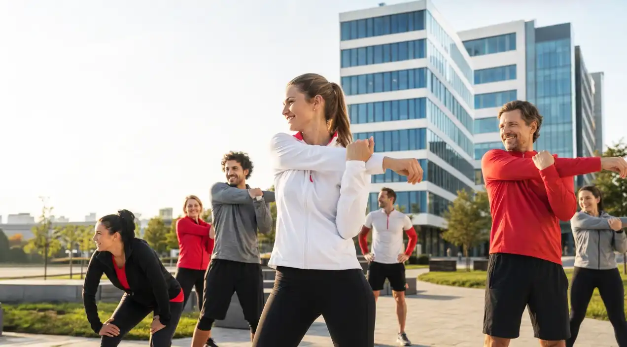 Mitarbeiter machen Dehnübungen beim Outdoor-Firmenfitness vor einem modernen Bürogebäude als Maßnahme für betriebliche Gesundheitsförderung (BGF).